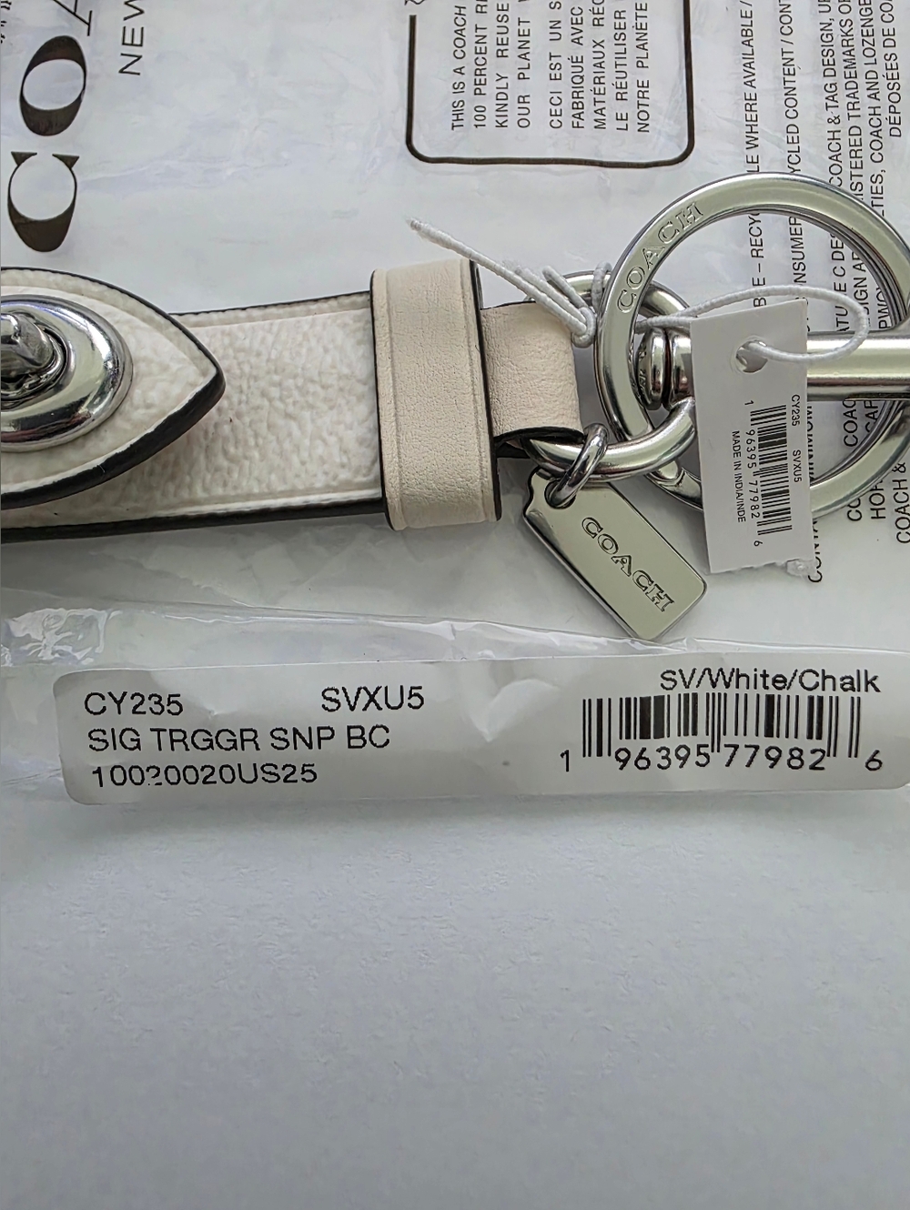 NWT Coach Trigger Snap Bag Charm / Keychain In Chalk Leather Silver Hardware - Picture 3 of 11